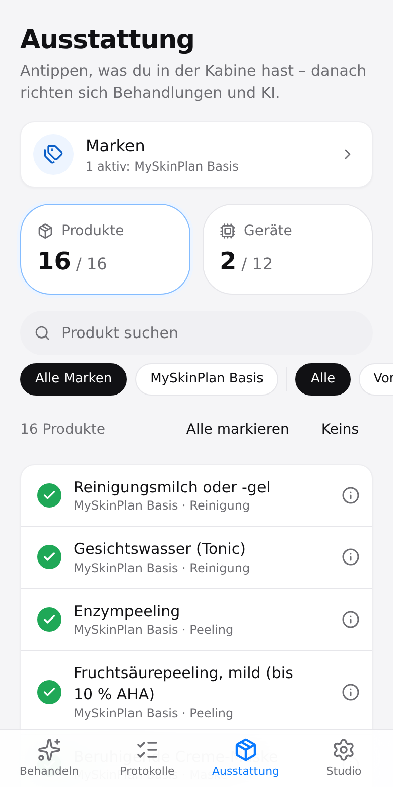 MySkinPlan – Ausstattung