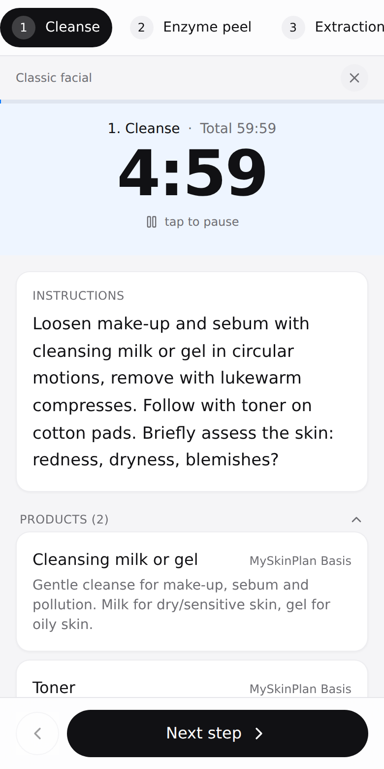 MySkinPlan: facial in progress with timer and instructions